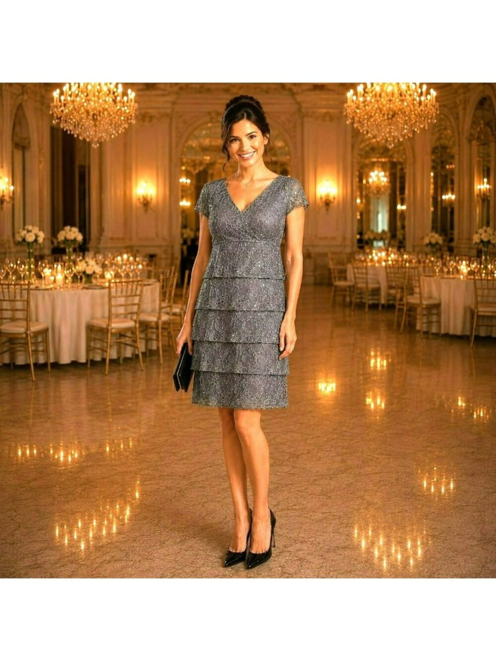 K. Jordan Lace Sequin Tiered Evening Formal Dress Womens 12 Gray Short Sleeve